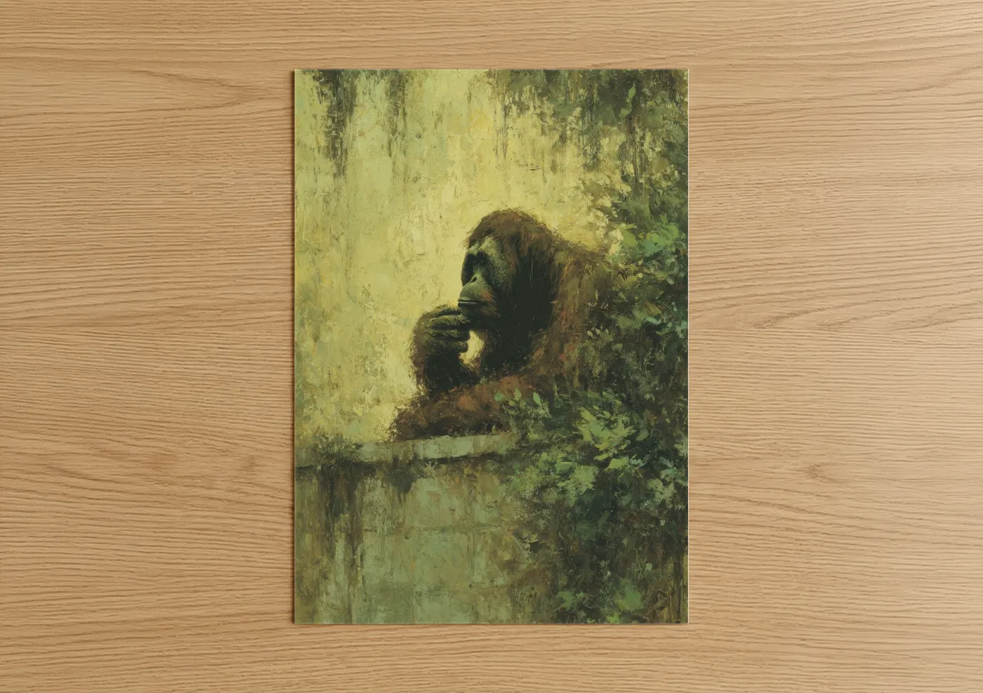 Art print on warm oak wood — yellow gold and olive palette — Contemplative Orangutan poster