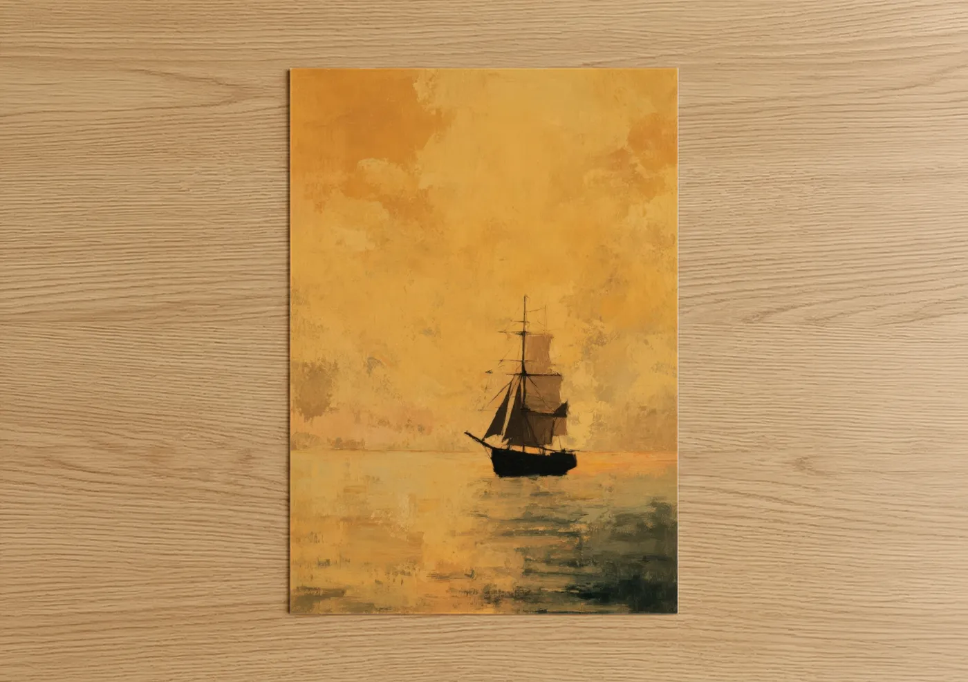 Sailing Ship Golden Sunset Over Water Wall Art
