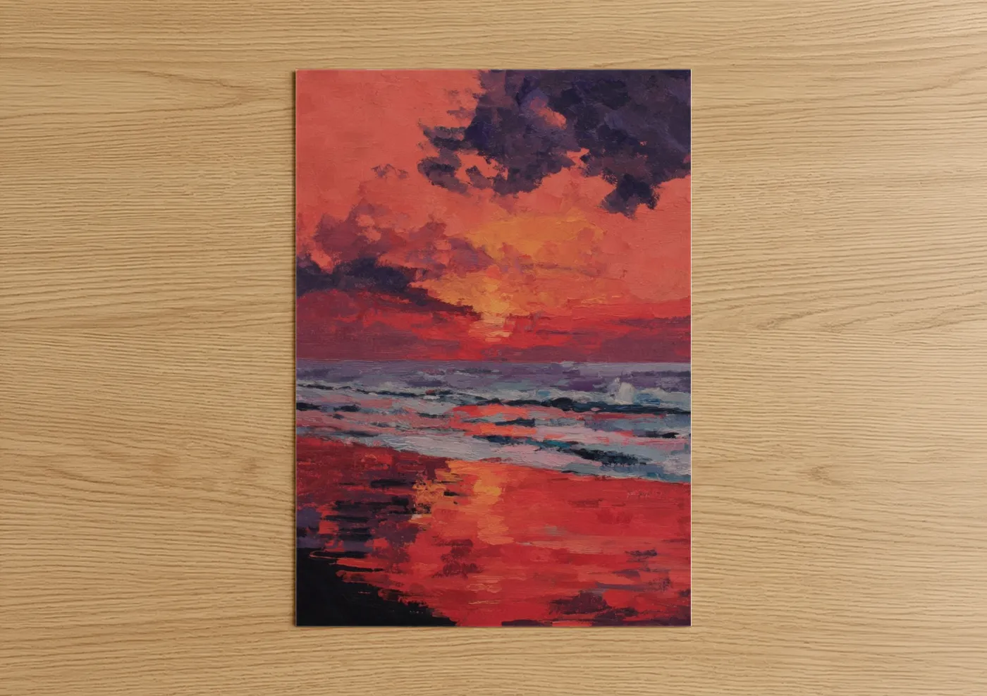 Crimson Sunset Beach Seascape Painting Wall Art