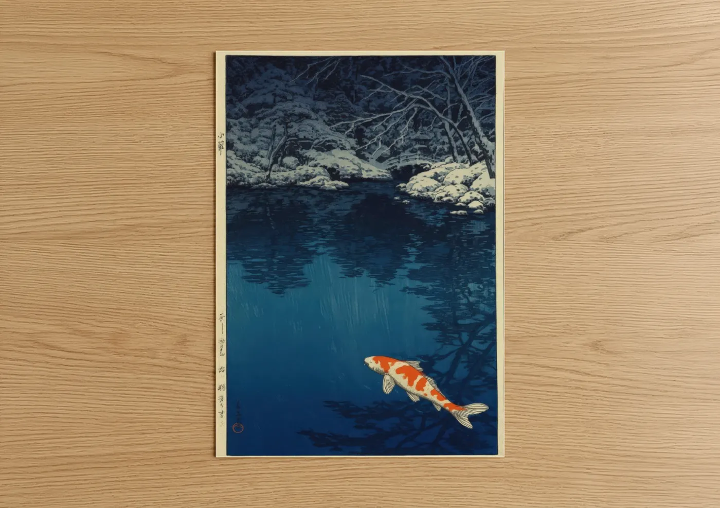 Zebrafish art print on warm oak wood — dark blue and white palette — Snowy Stream Koi poster