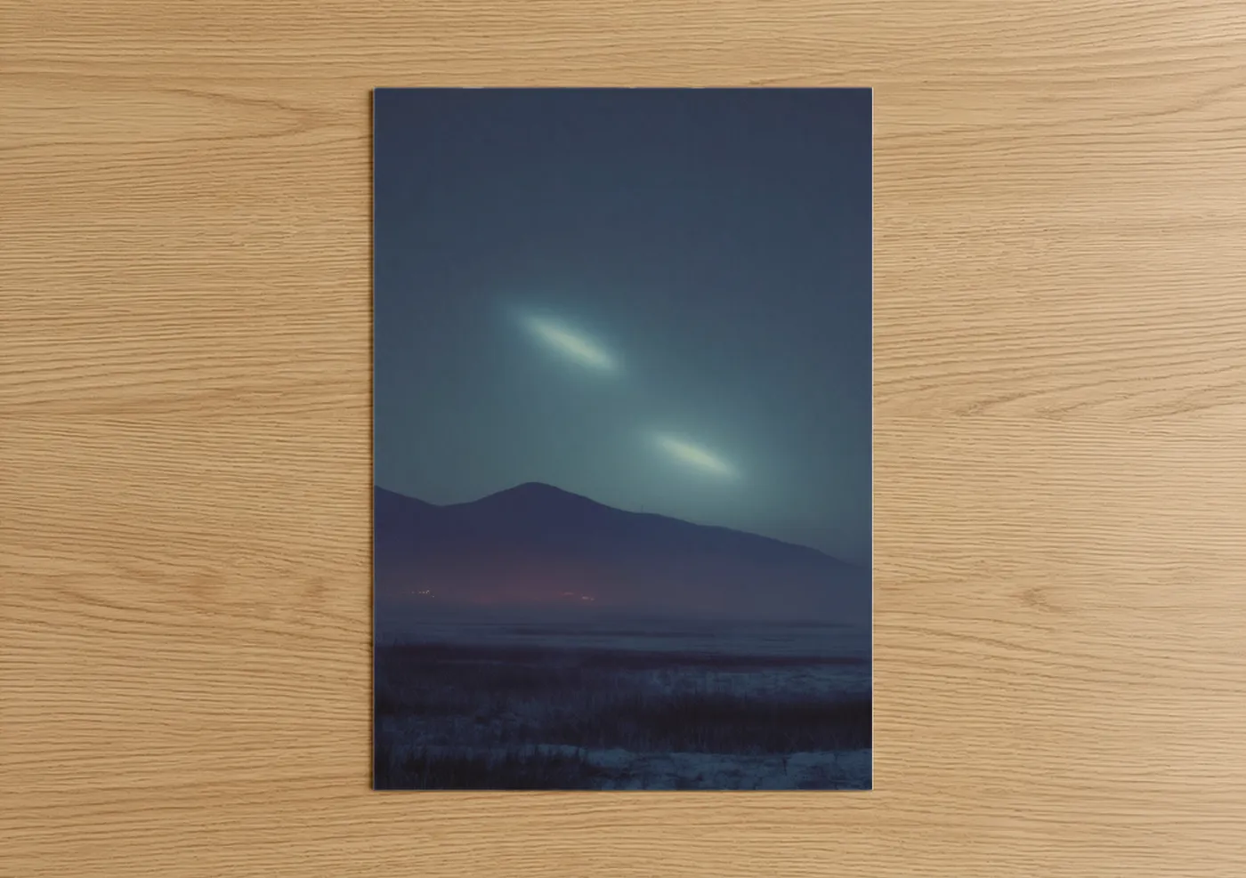 Art print on warm oak wood — blue and dark blue palette — Twilight UFO Encounter poster