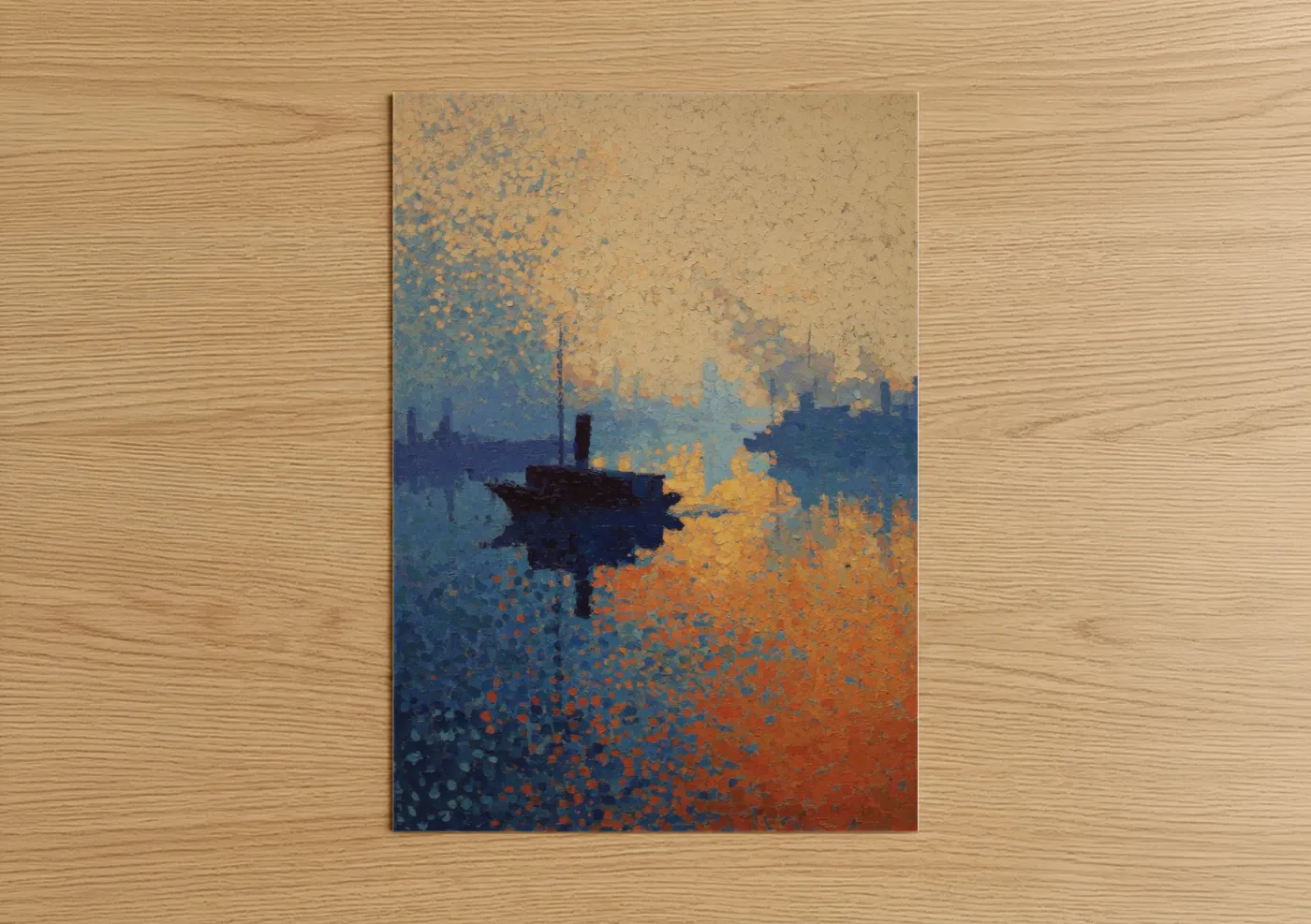Port art print on warm oak wood — gold and blue palette — Golden Harbor Sunrise poster