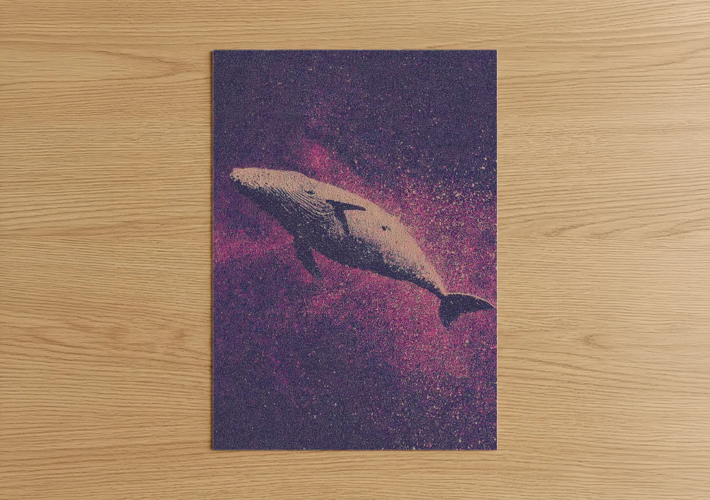 Sperm whale art print on warm oak wood — purple and magenta palette — Celestial Whale poster