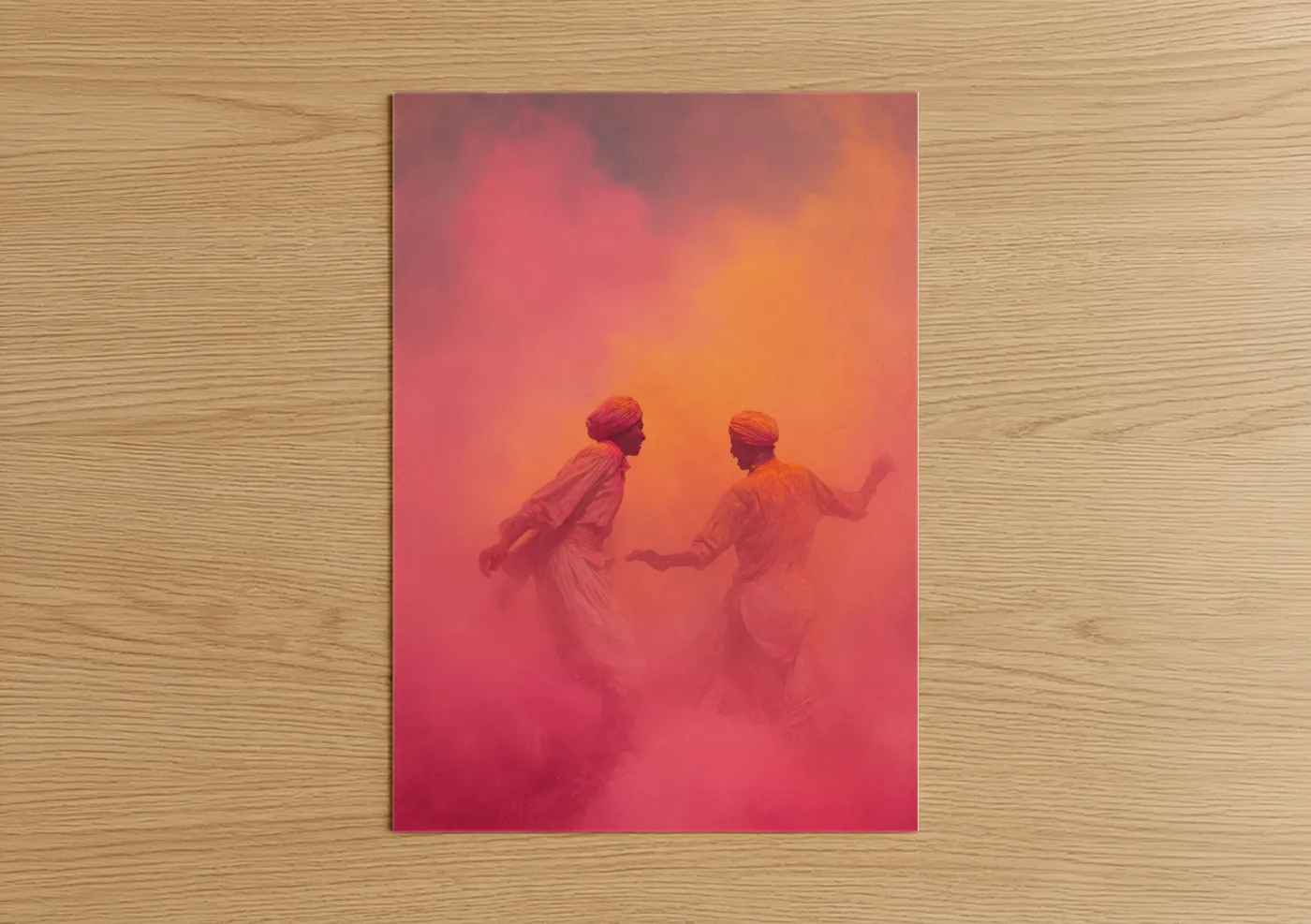 Hindu holidays art print on warm oak wood — salmon pink and gold palette — Holi Celebration poster