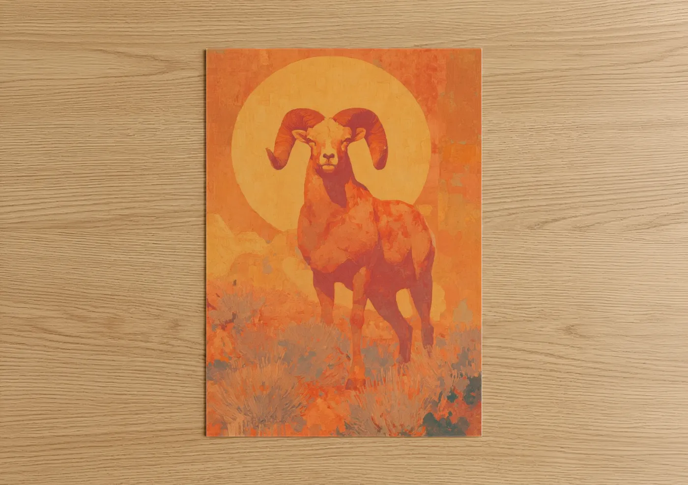 Art print on warm oak wood — orange and gold palette — Golden Aries poster