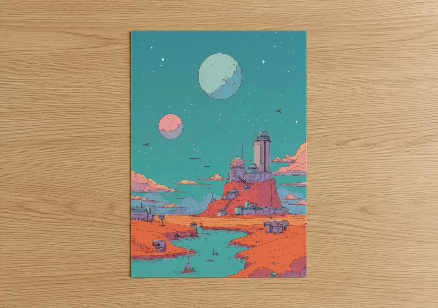 Retro Space Colony Sci-Fi Illustration Wall Art