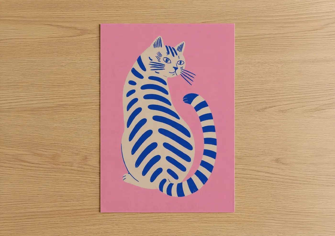 Art print on warm oak wood — pink and blue palette — Blue Striped Cat Wall Art poster