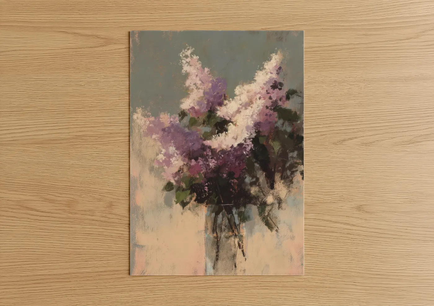 Art print on warm oak wood — pink and gray palette — Soft Lilac Bouquet poster