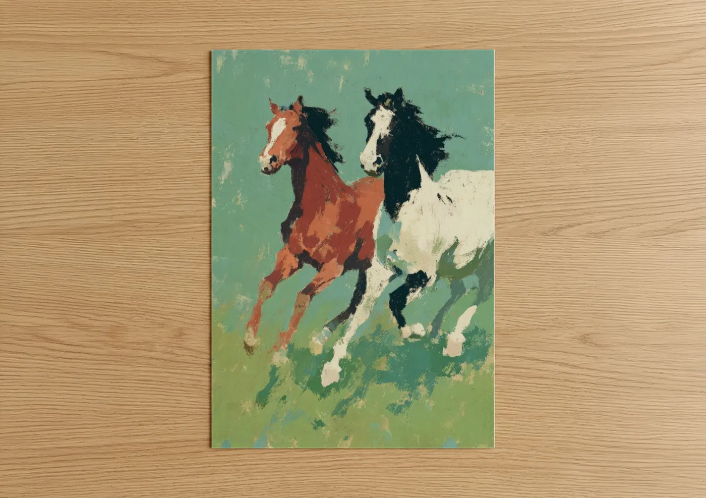 Animals in love art print on warm oak wood — sage green and cream palette — Galloping Companions poster