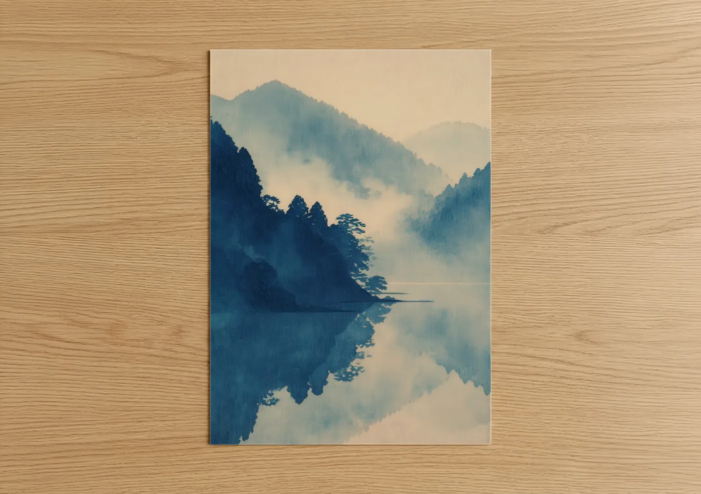 Misty Mountain Lake Landscape Watercolor Wall Art