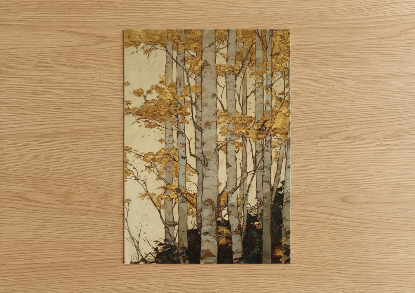 Birch tree art print on warm oak wood — gold and cream palette — Golden Birch Forest poster