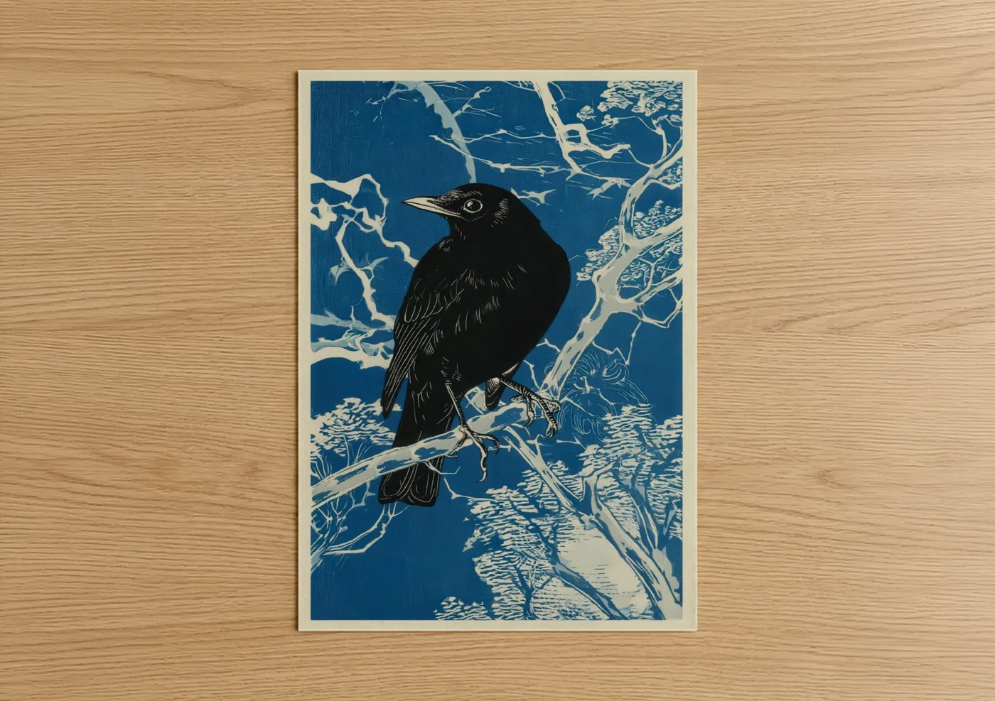 Art print on warm oak wood — blue and white palette — Perched Thrush poster