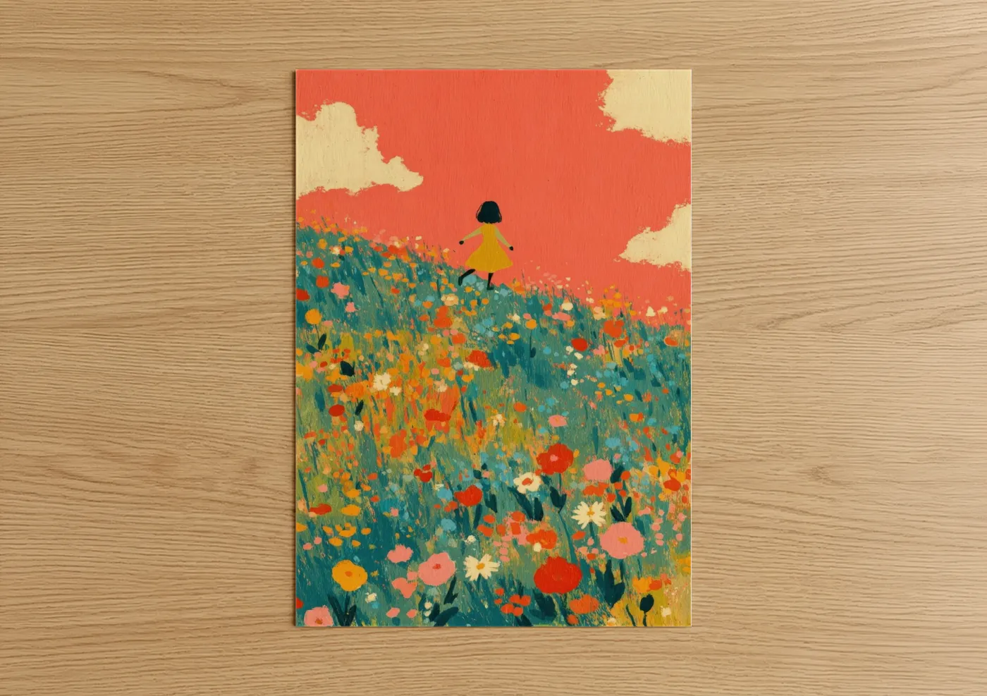 Running art print on warm oak wood — orange and yellow palette — Wildflower Runner poster