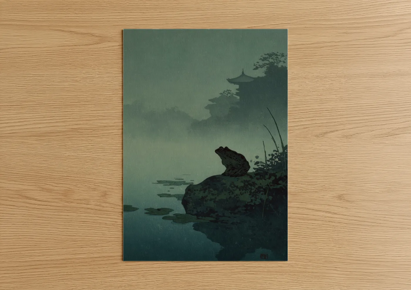 Frogs and toads art print on warm oak wood — sage green and dove gray palette — Misty Frog poster