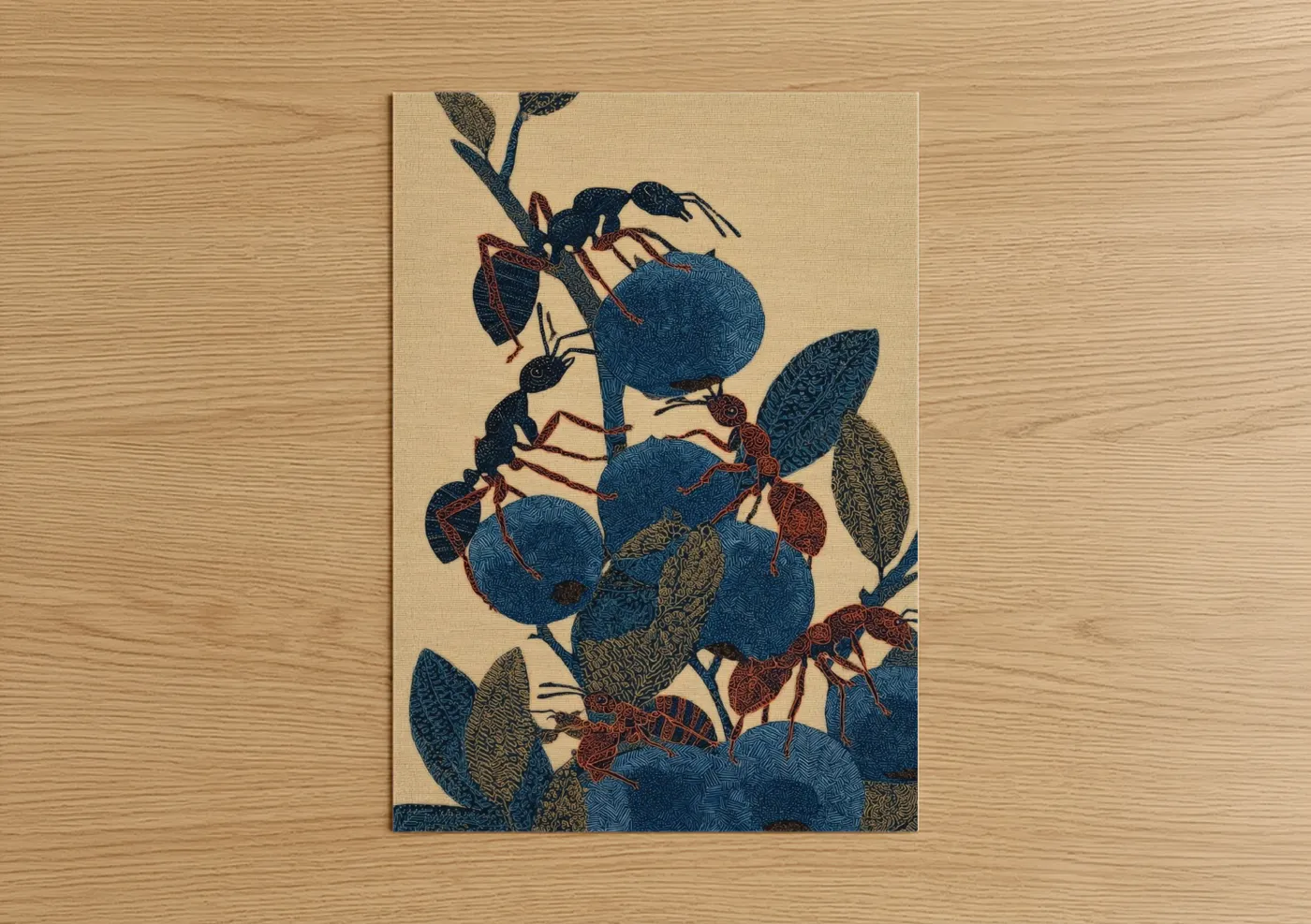 Art print on warm oak wood — blue and russet palette — Industrious Ants poster
