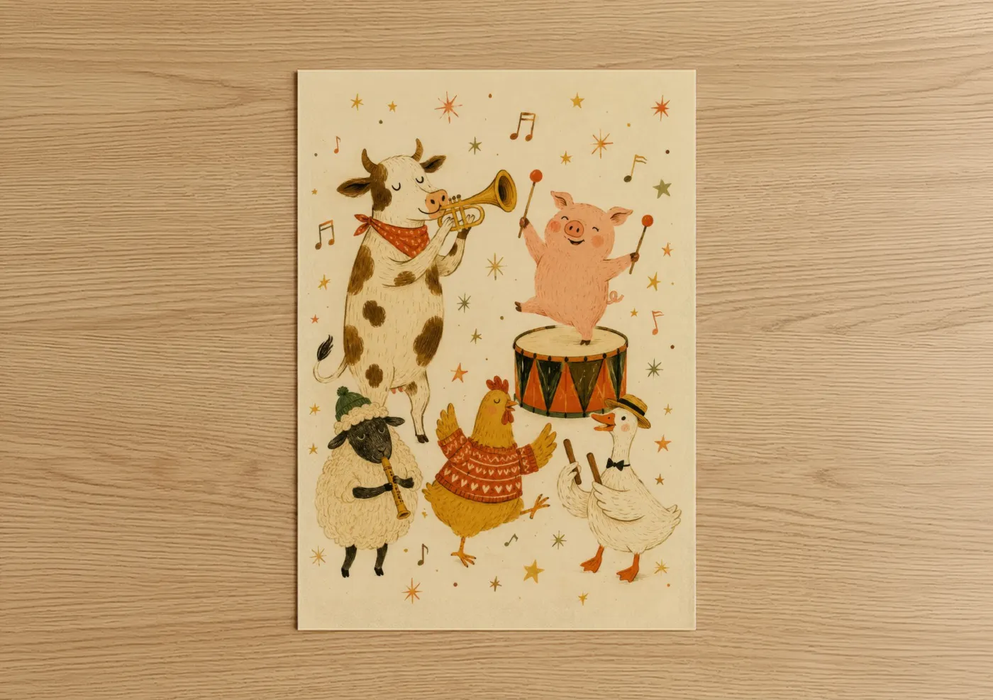 Cow art print on warm oak wood — cream and gamboge palette — Farm Band Musical Animals Wall Art poster