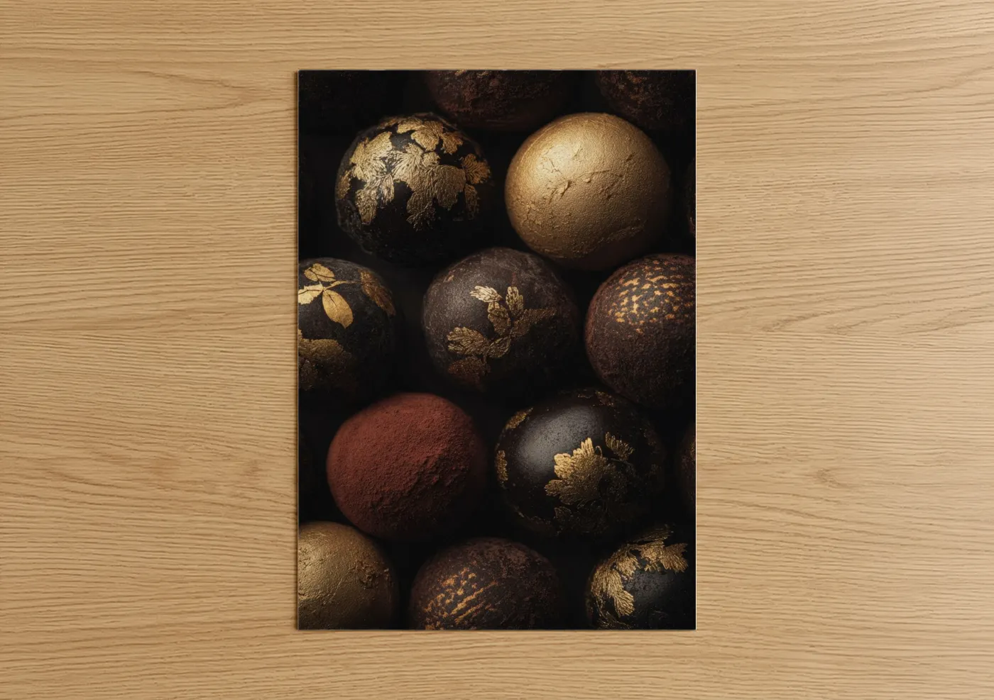 Sweet art print on warm oak wood — gold and maroon palette — Luxury Chocolate Truffles poster