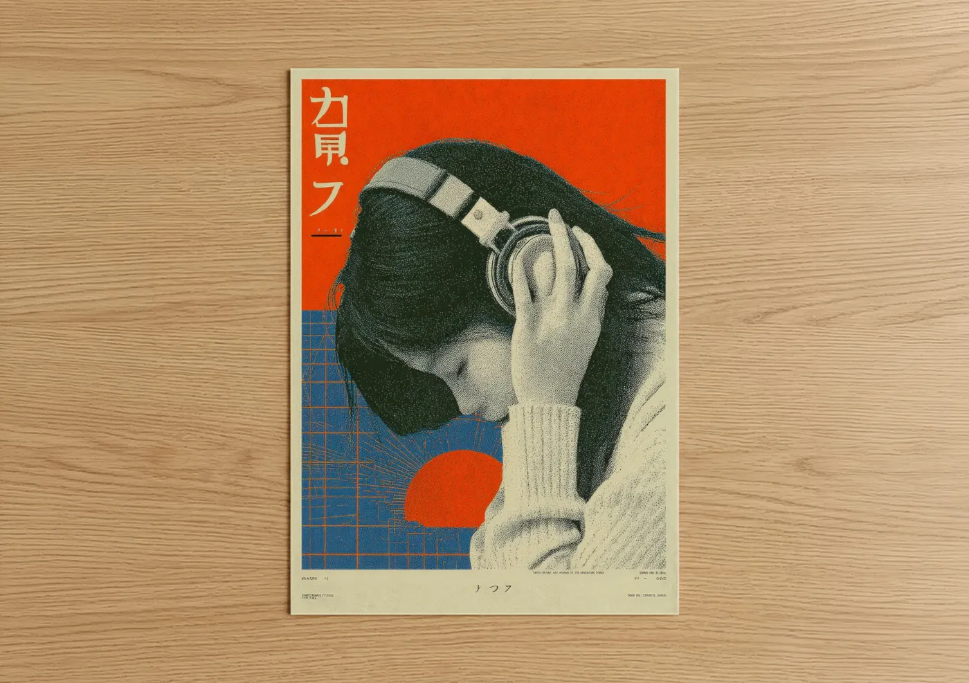 Japanese y2k art print on warm oak wood — orange and blue palette — Retro Camera Girl poster