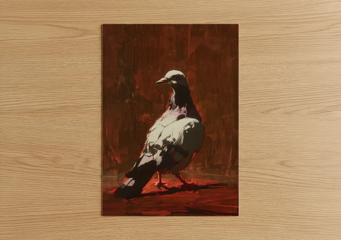 Art print on warm oak wood — red and black and white palette — Crimson Pigeon poster
