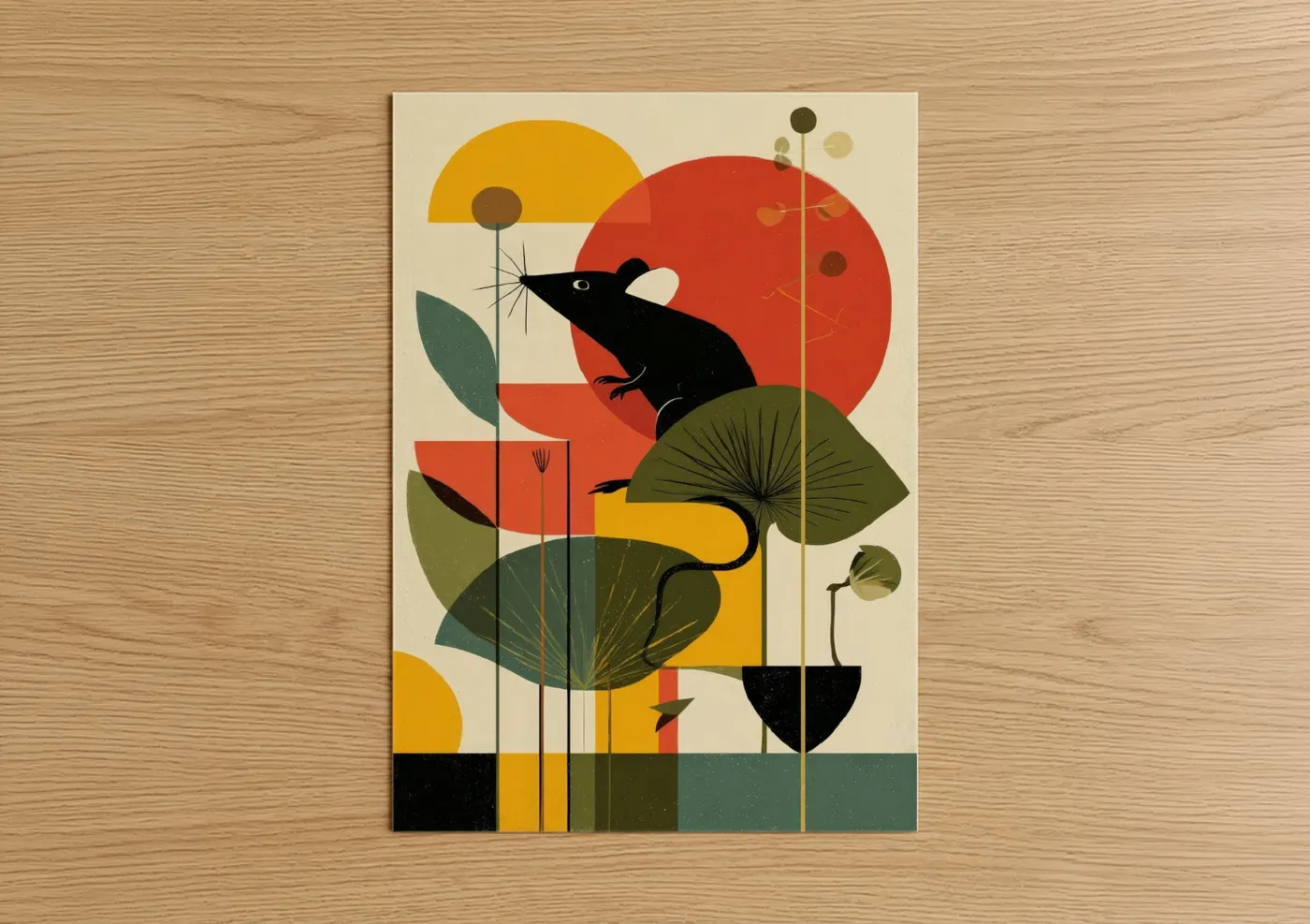 Mice art print on warm oak wood — gold and red palette — Curious Meadow Mouse poster