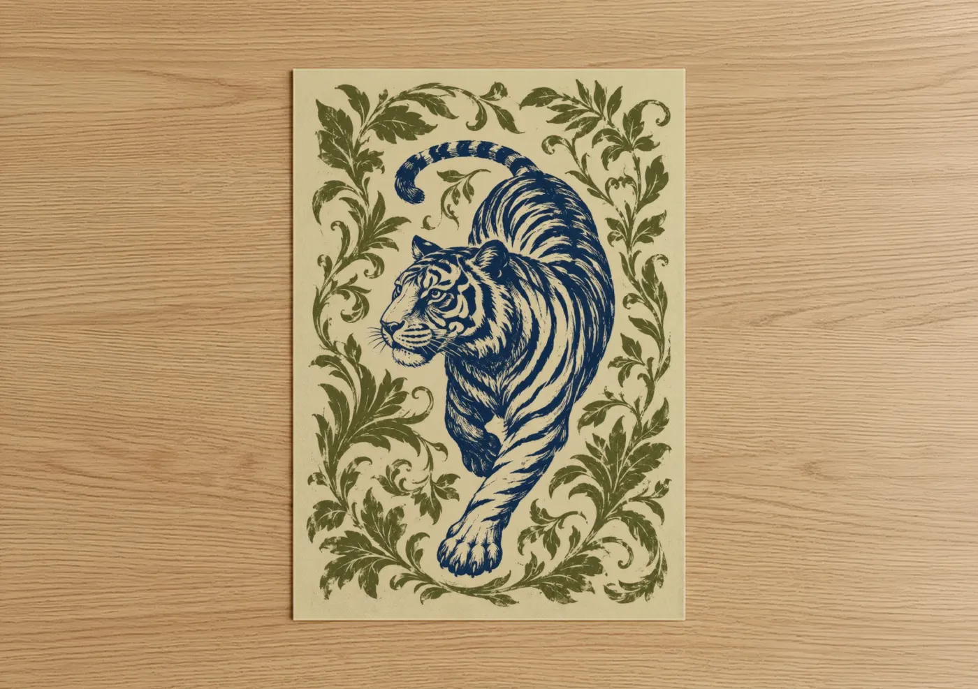 Art print on warm oak wood — blue and beige palette — Vintage Tiger Botanical Wall Art poster