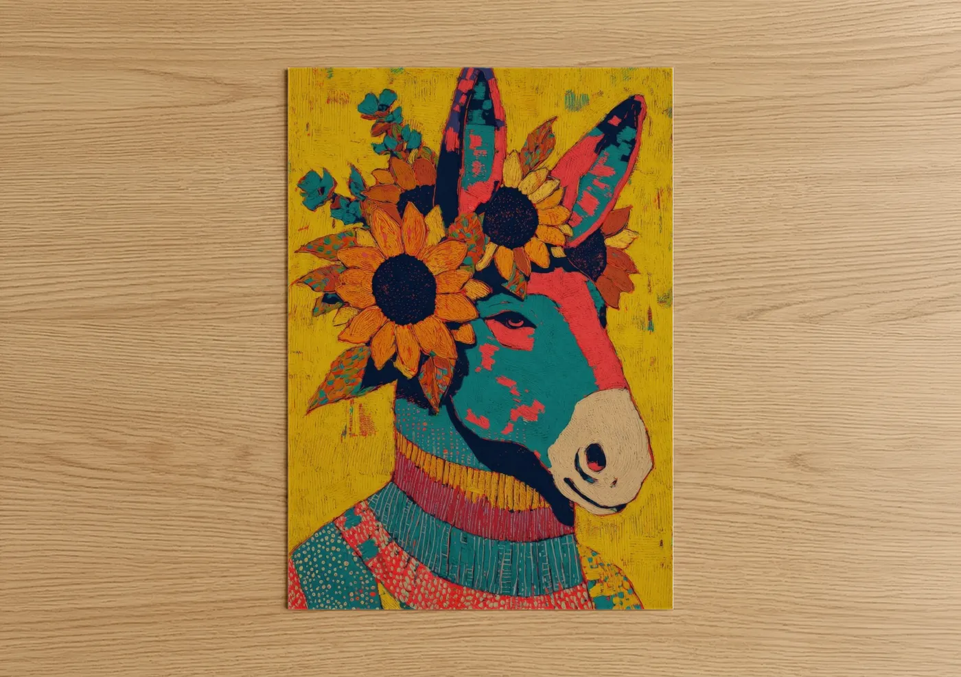 Art print on warm oak wood — yellow gold and teal palette — Sunflower Mule poster