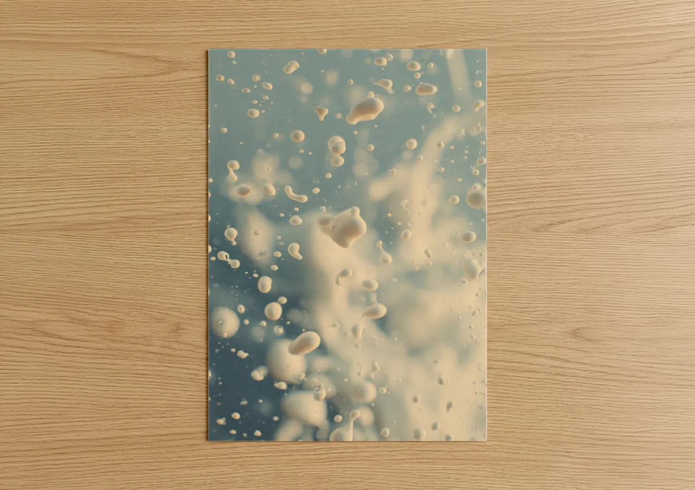Art print on warm oak wood — cream and dove gray palette — Creamy Milk Splash poster