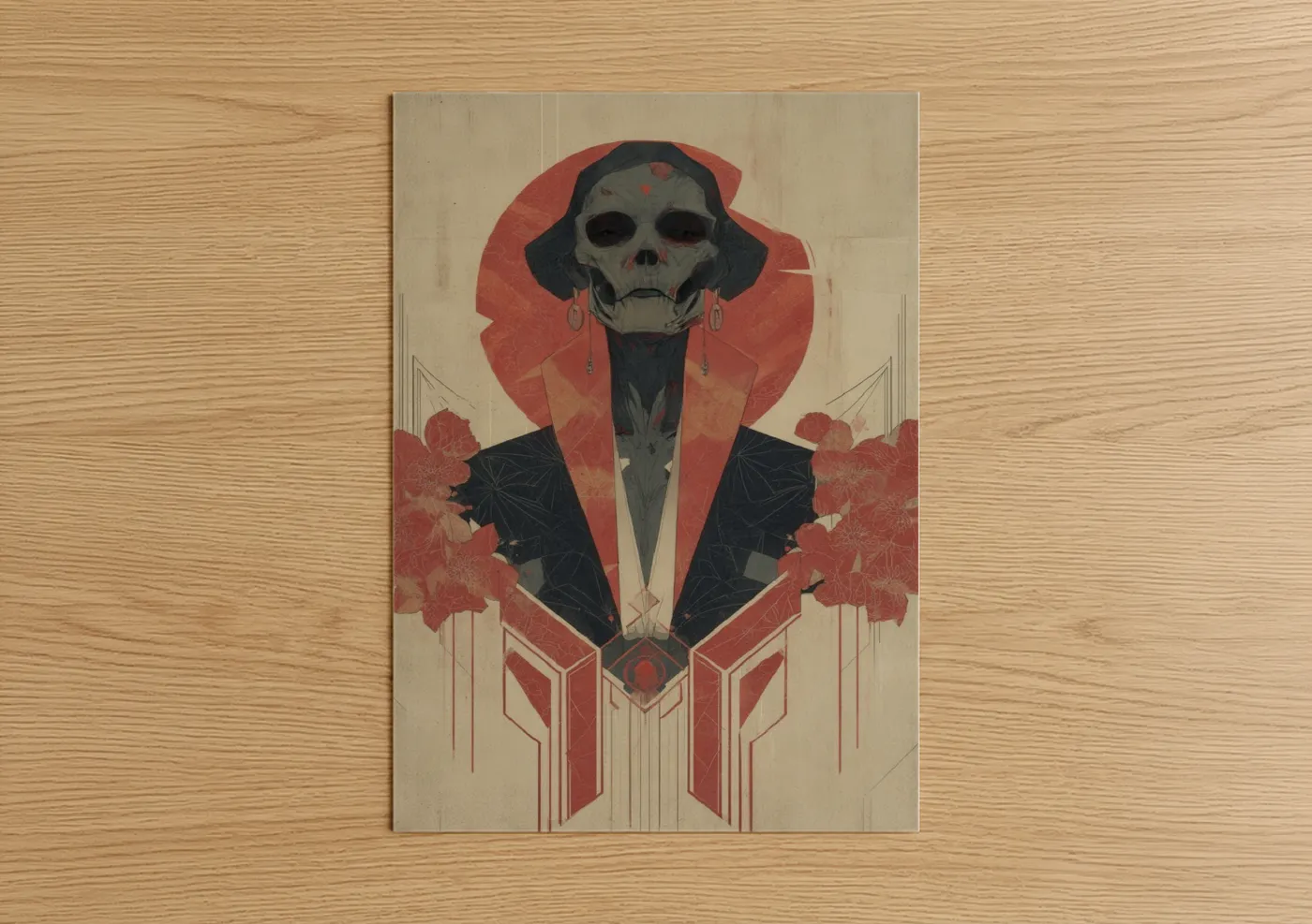 Art print on warm oak wood — red and black and white palette — Crimson Zombie poster