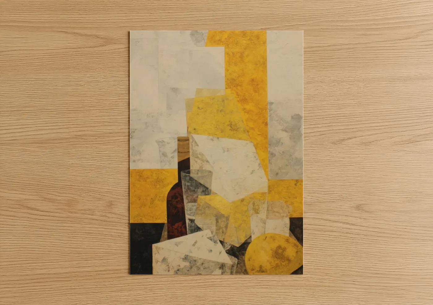 Art print on warm oak wood — yellow gold and cream palette — Golden Cheese Composition poster