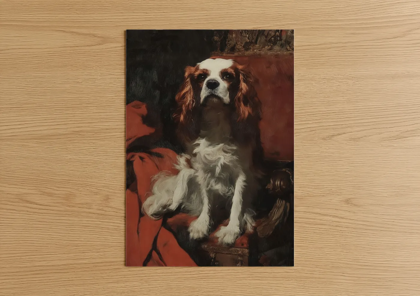 Art print on warm oak wood — maroon and cream palette — Regal Spaniel Portrait poster