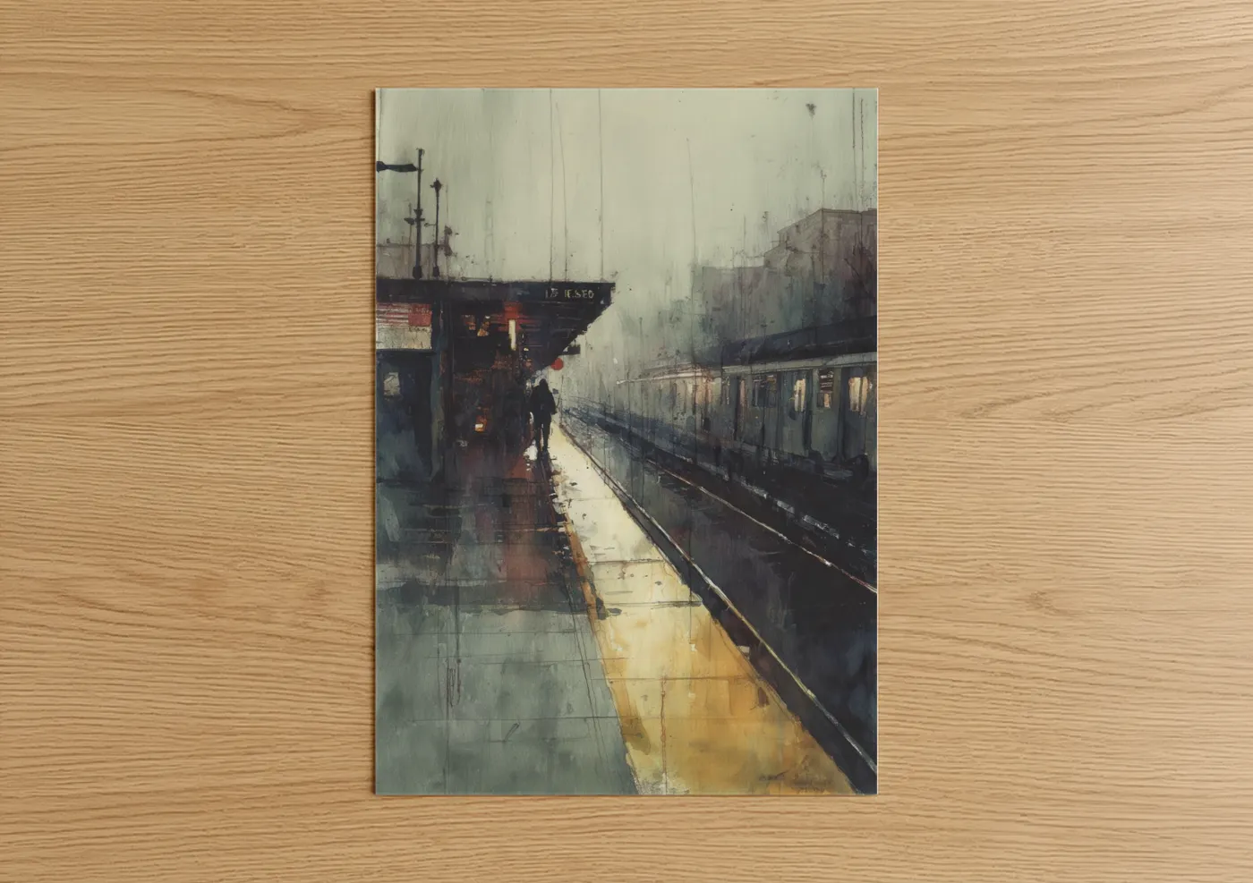 Art print on warm oak wood — gray and cream palette — Rainy Subway Platform poster