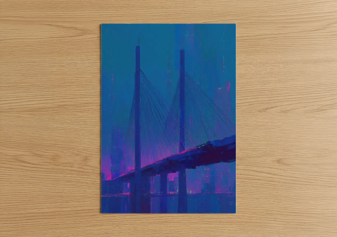 Bridges art print on warm oak wood — blue and magenta palette — Neon Bridge Lights poster