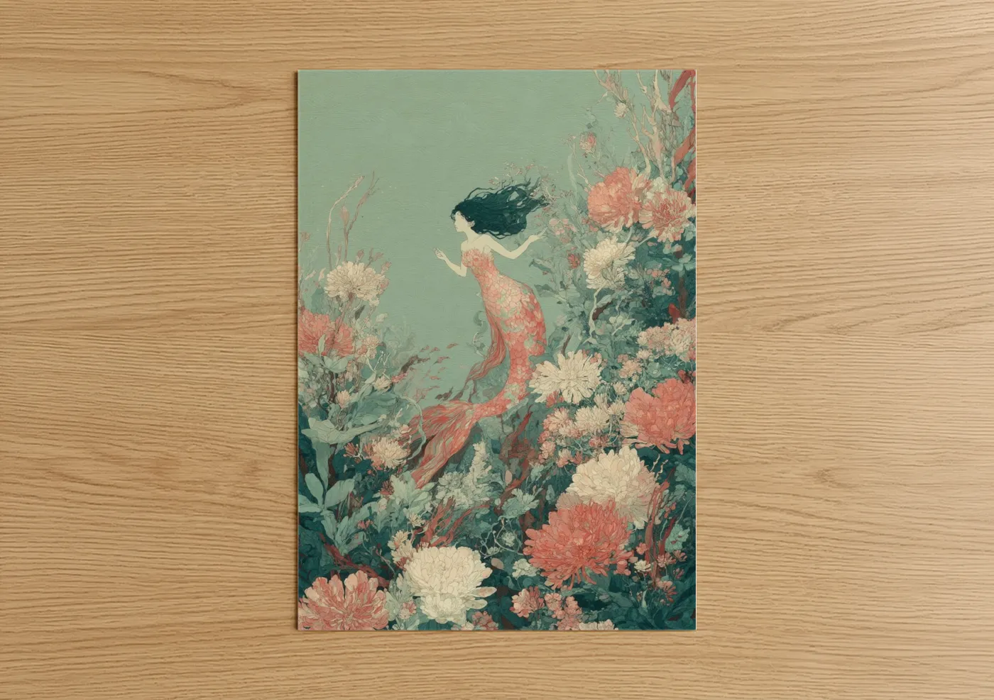 Coral Mermaid Floral Fantasy Wall Art