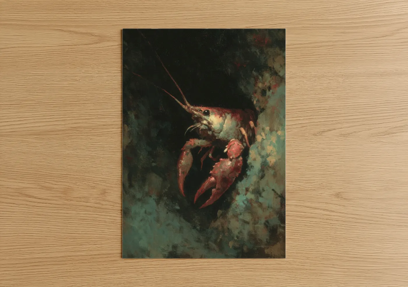 Art print on warm oak wood — red and dark green palette — Crimson Crayfish poster