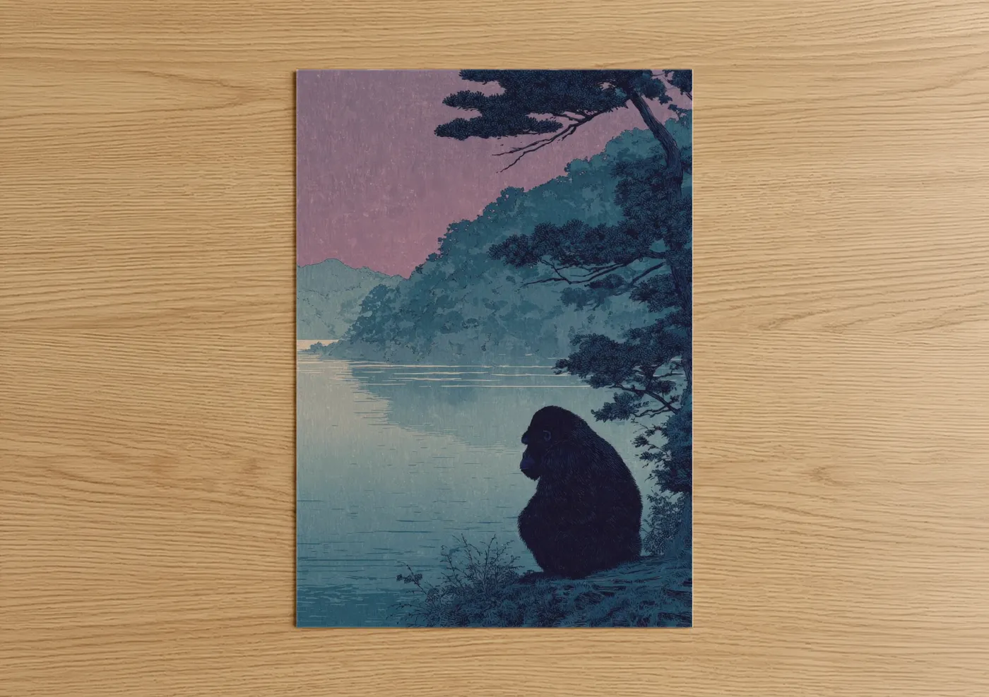 Art print on warm oak wood — gray and teal palette — Riverside Gorilla poster
