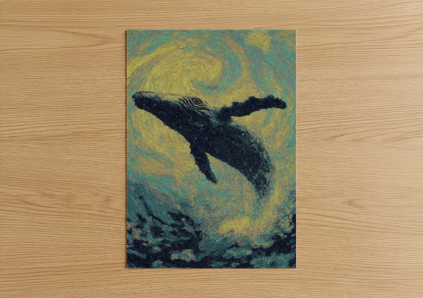 Humpback whale art print on warm oak wood — yellow gold and teal palette — Cosmic Humpback poster
