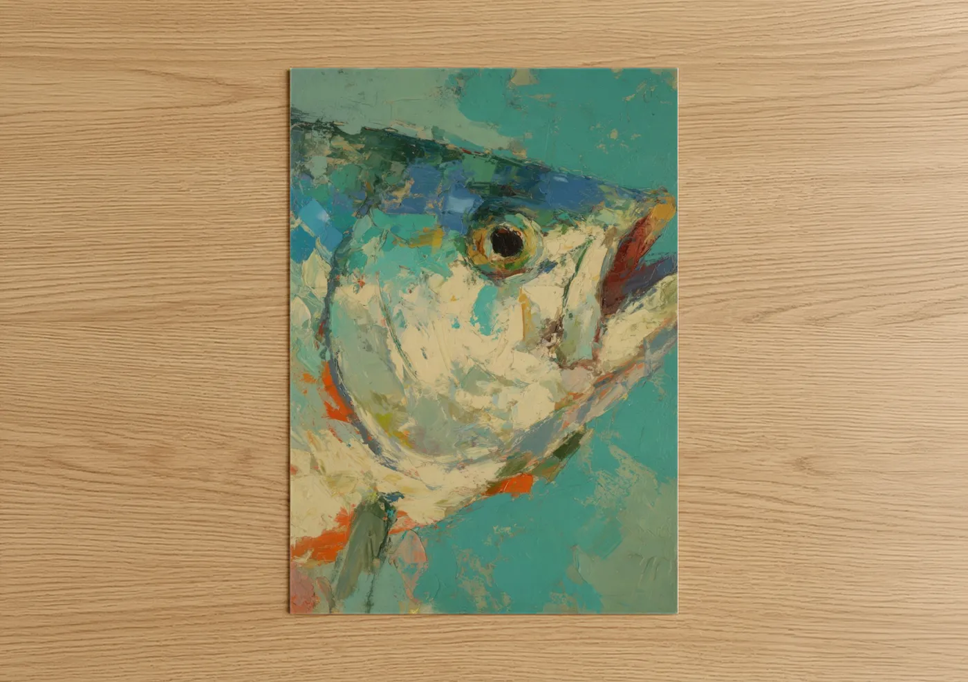 Art print on warm oak wood — teal and gold palette — Golden Tarpon poster