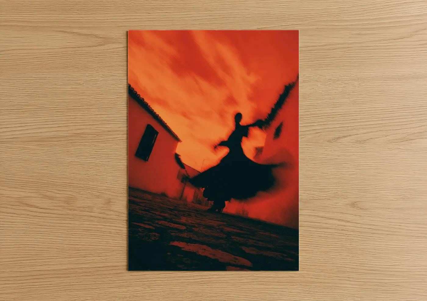 Art print on warm oak wood — red and orange palette — Crimson Flamenco poster