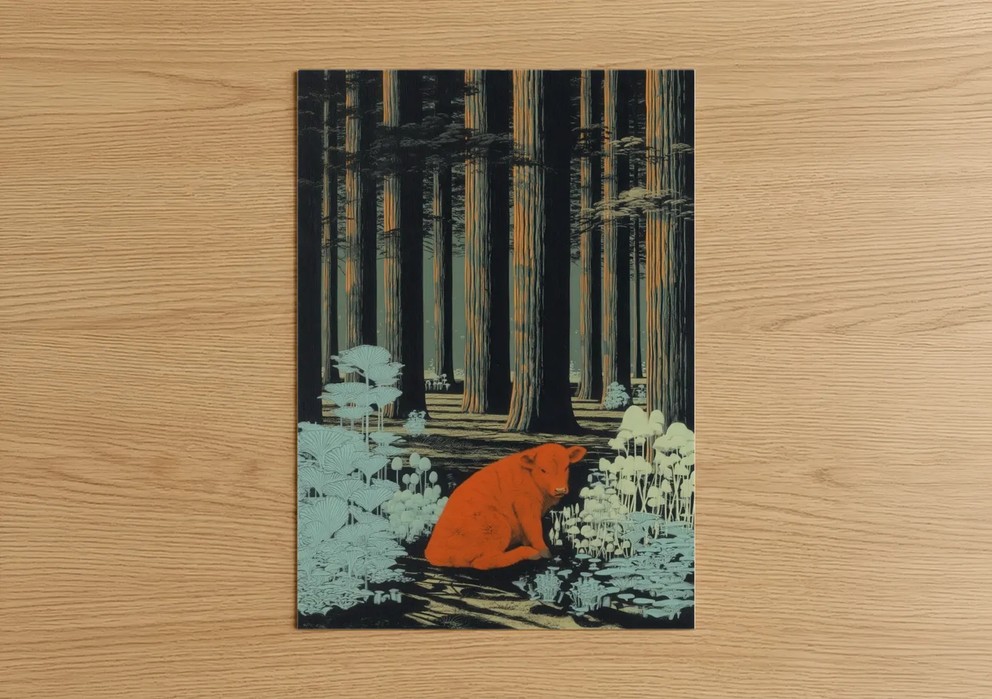 Orange Angus Cow Forest Woodblock Wall Art