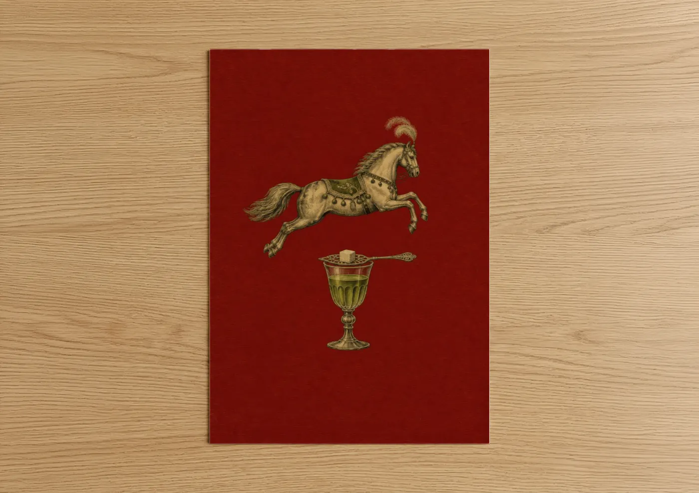 Art print on warm oak wood — red and gold palette — Ornate Horse and Cocktail Wall Art poster