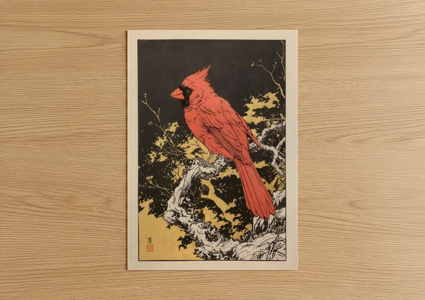 Crimson Cardinal Perch Japanese Woodblock Wall Art