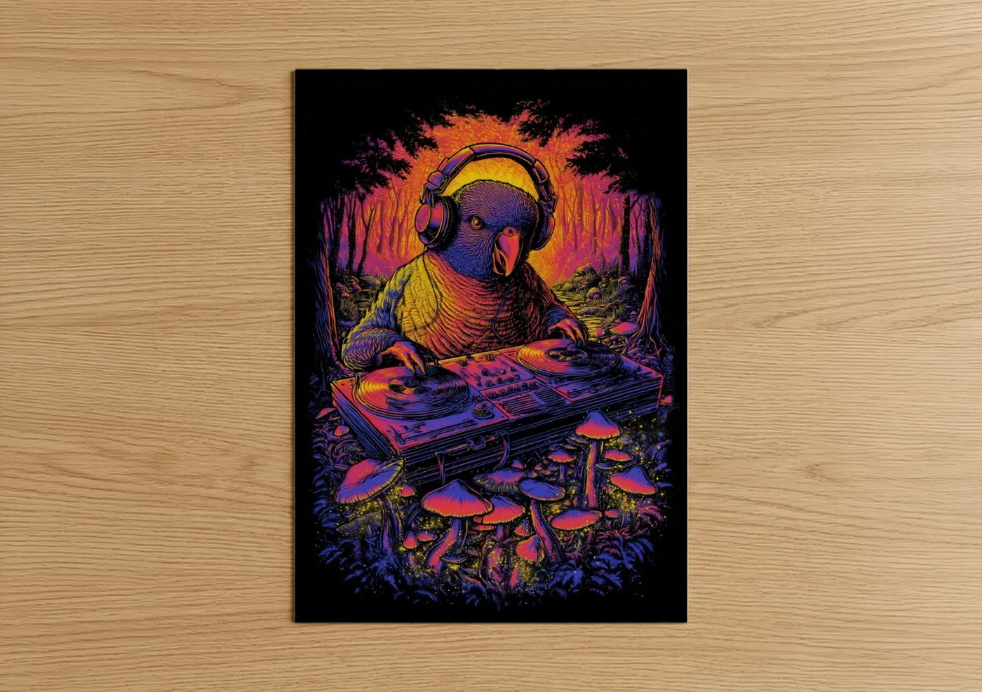 Rainbow lorikeet art print on warm oak wood — magenta and gold palette — DJ Lorikeet poster