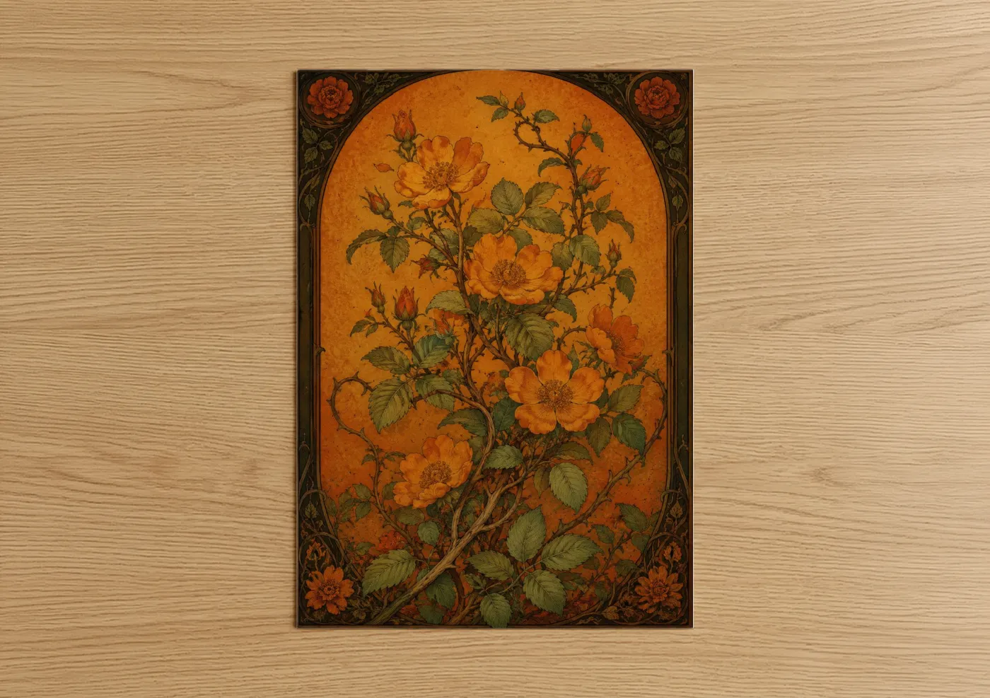 Roses art print on warm oak wood — orange and olive palette — Vintage Orange Rose Botanical Wall Art poster