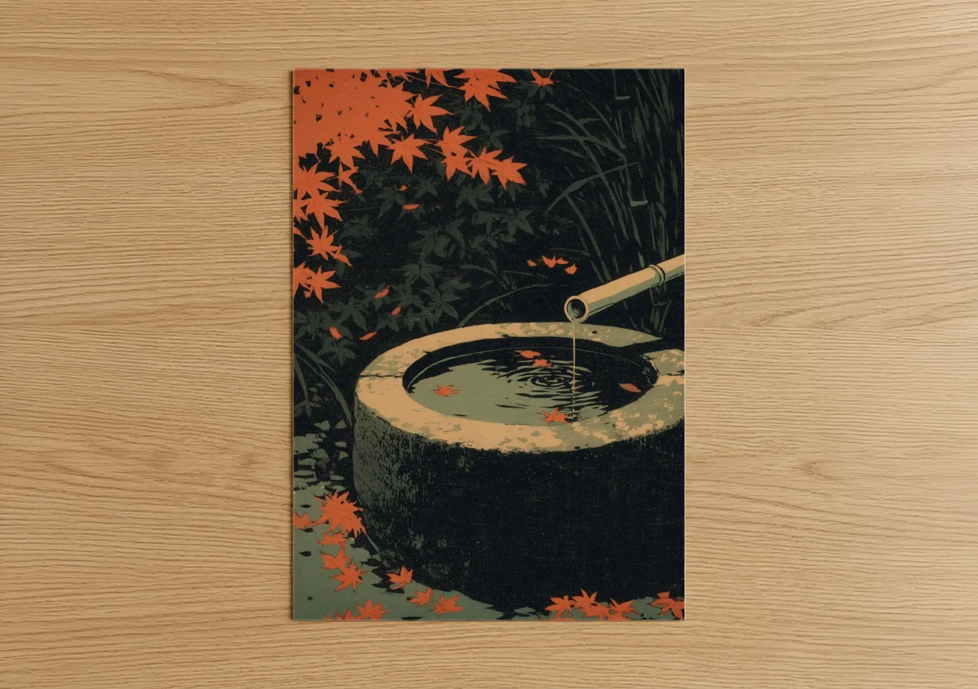 Fountains art print on warm oak wood — orange and black palette — Autumn Water Basin poster