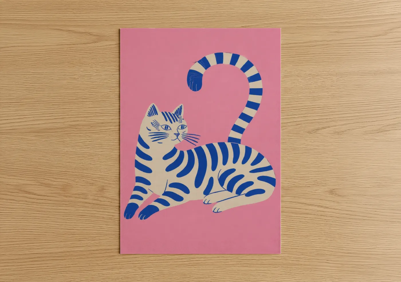 Art print on warm oak wood — blue and pink palette — Blue Striped Cat on Pink Wall Art poster