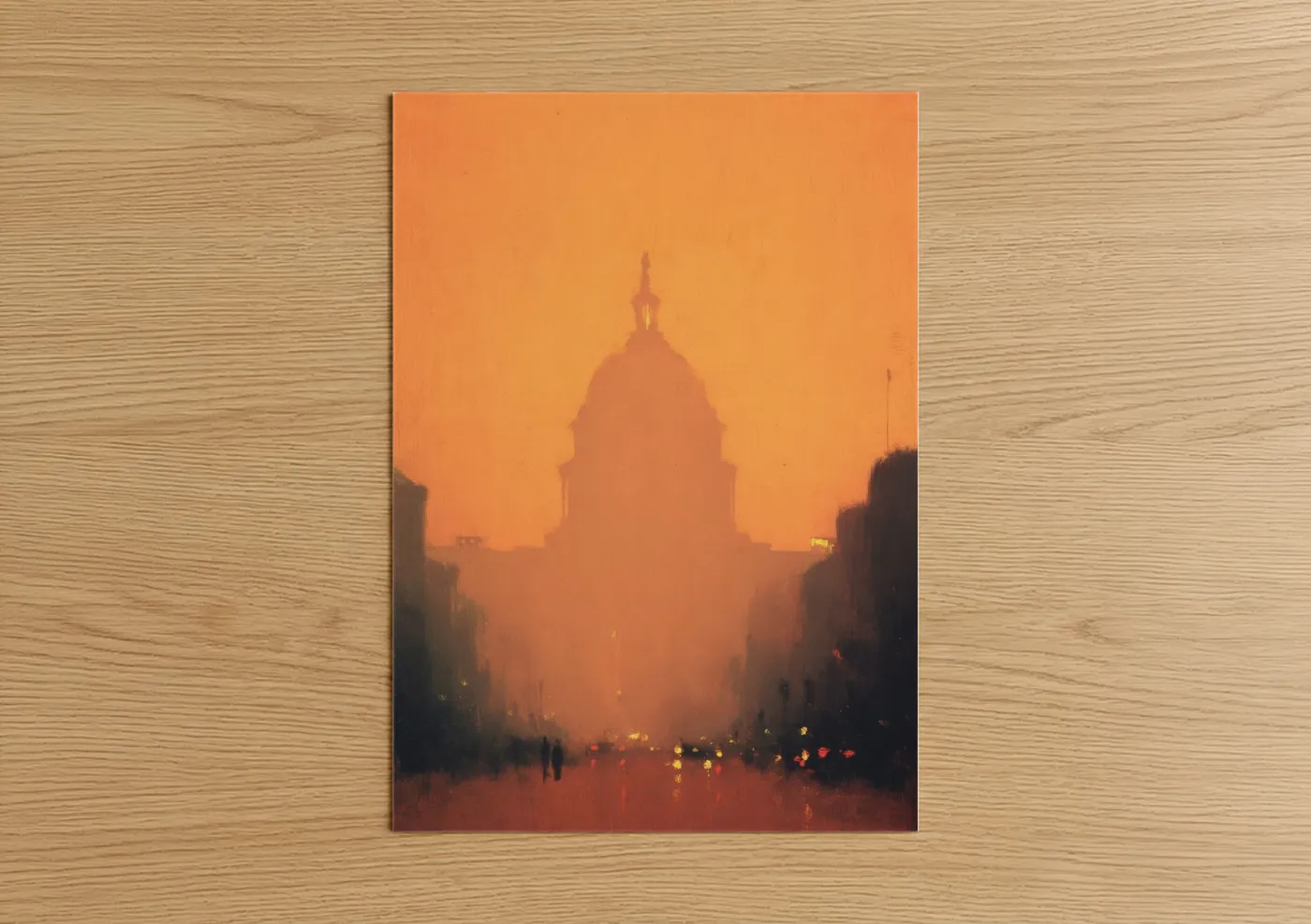 Us capitol art print on warm oak wood — orange and gold palette — Capitol Sunset poster