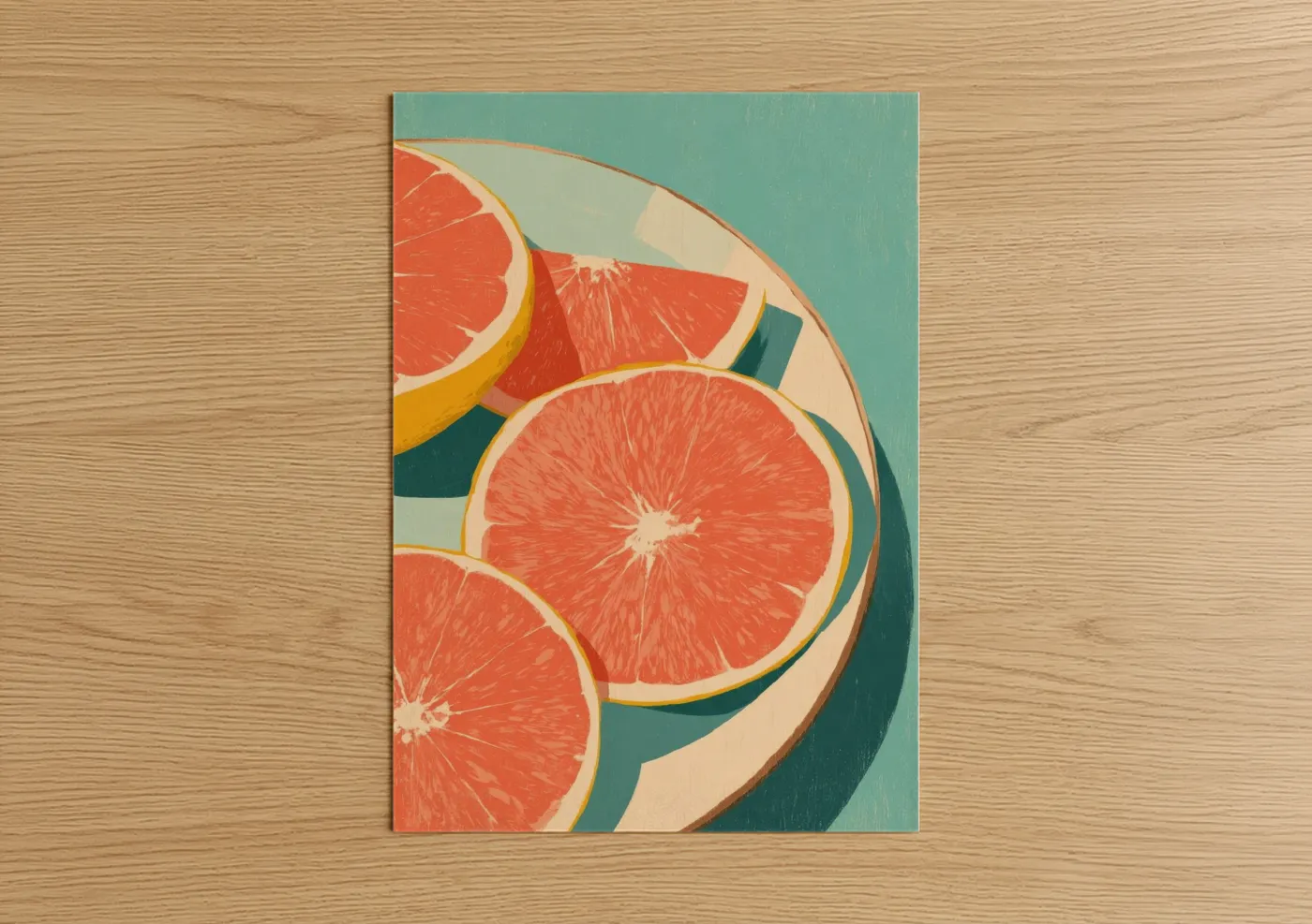 Art print on warm oak wood — red and teal palette — Grapefruit Slices poster