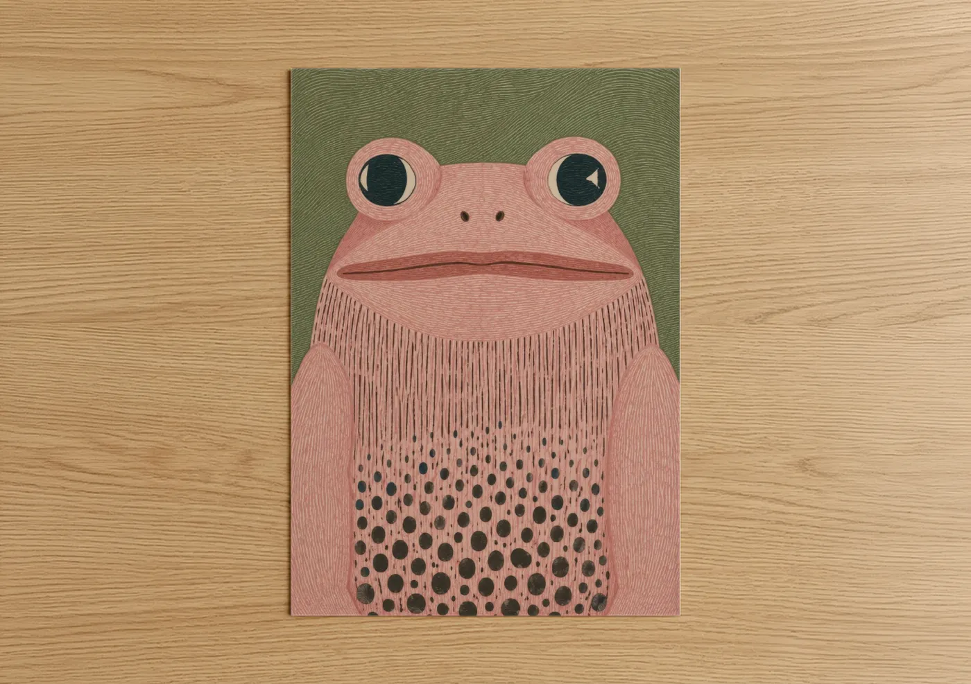Frogs and toads art print on warm oak wood — pink and sage green palette — Pink Frog Minimalist Wall Art poster