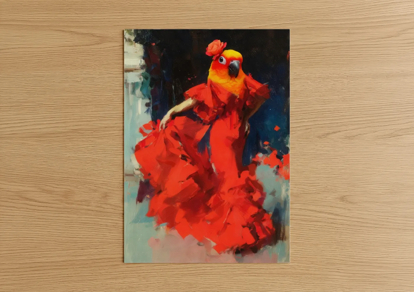 Safari parrots art print on warm oak wood — red and blue palette — Scarlet Parrot Dance poster