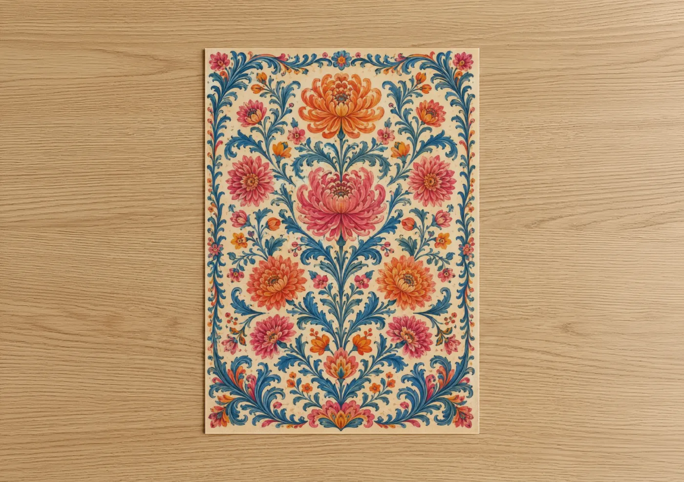 Flower art print on warm oak wood — pink and orange palette — Ornate Floral Damask Wall Art poster